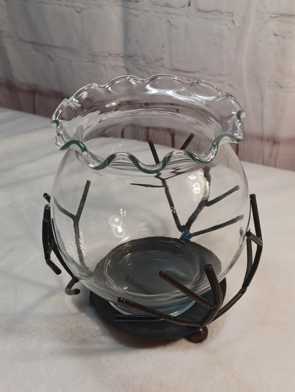 Clear Ruffled Glass Hurricane Vase with Metal Twig Stand
